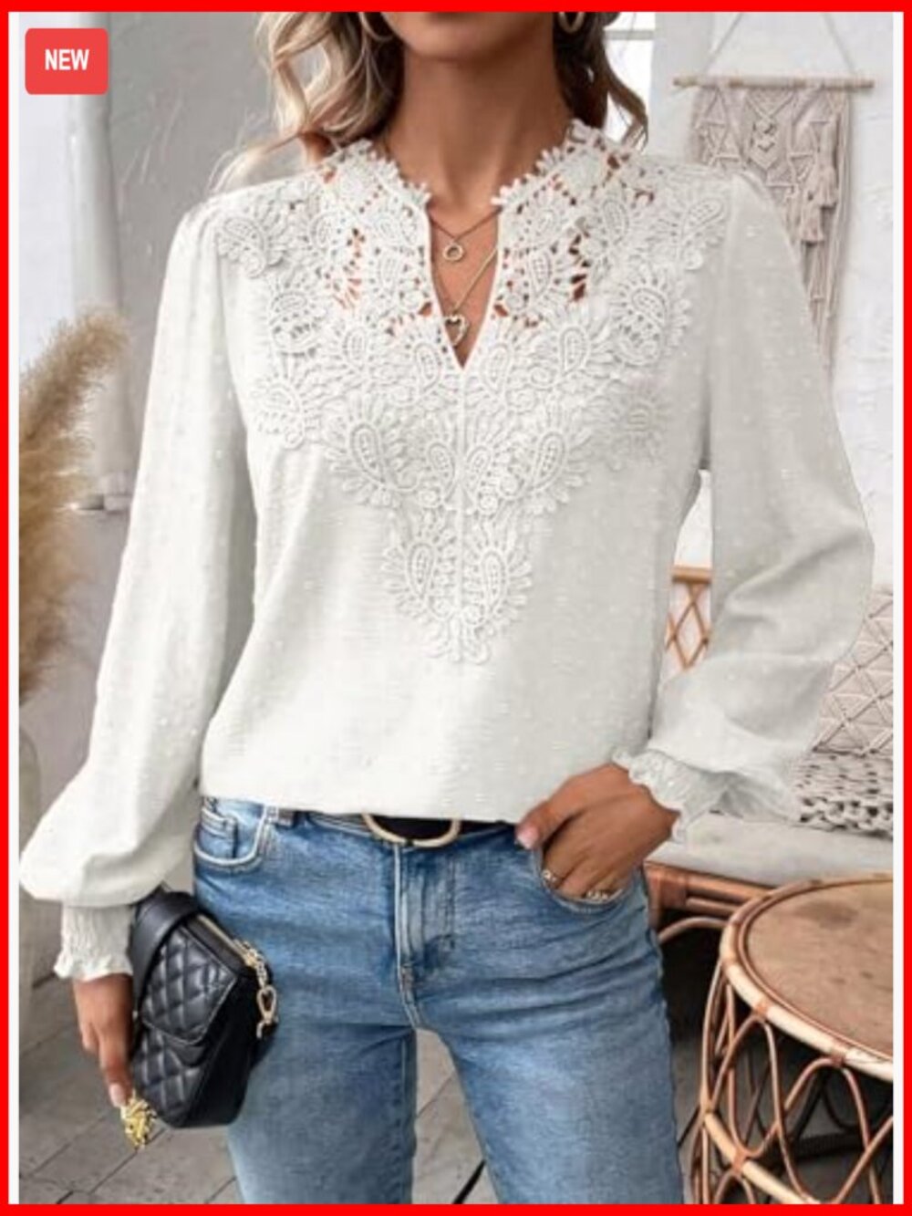 Women's Swiss Dot Long Sleeve Blouse V Neck Flowy Lace Hem Boho Tunic Top - Picture 4 of 7